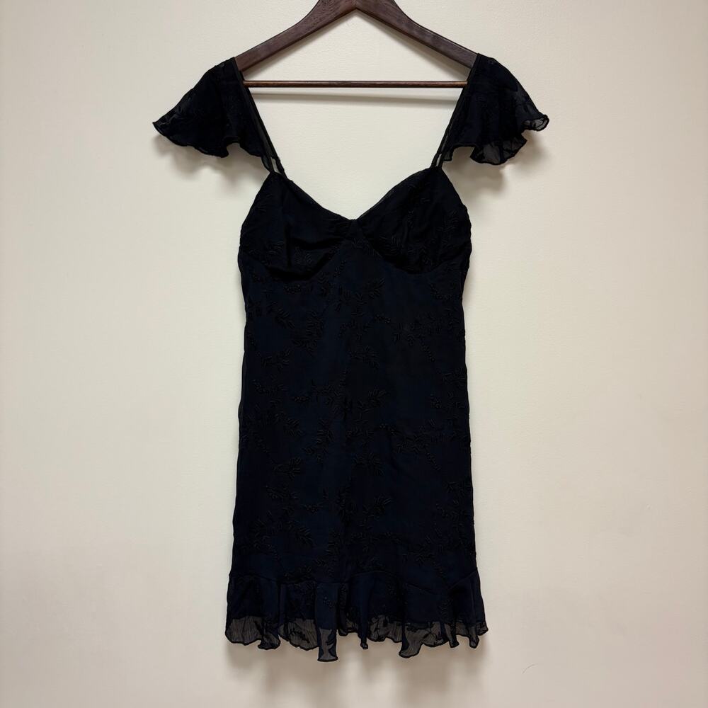 Betsey Johnson Lotus Black Chiffon Smocked Ruffle Mini Dress Whimsigoth LBD XS